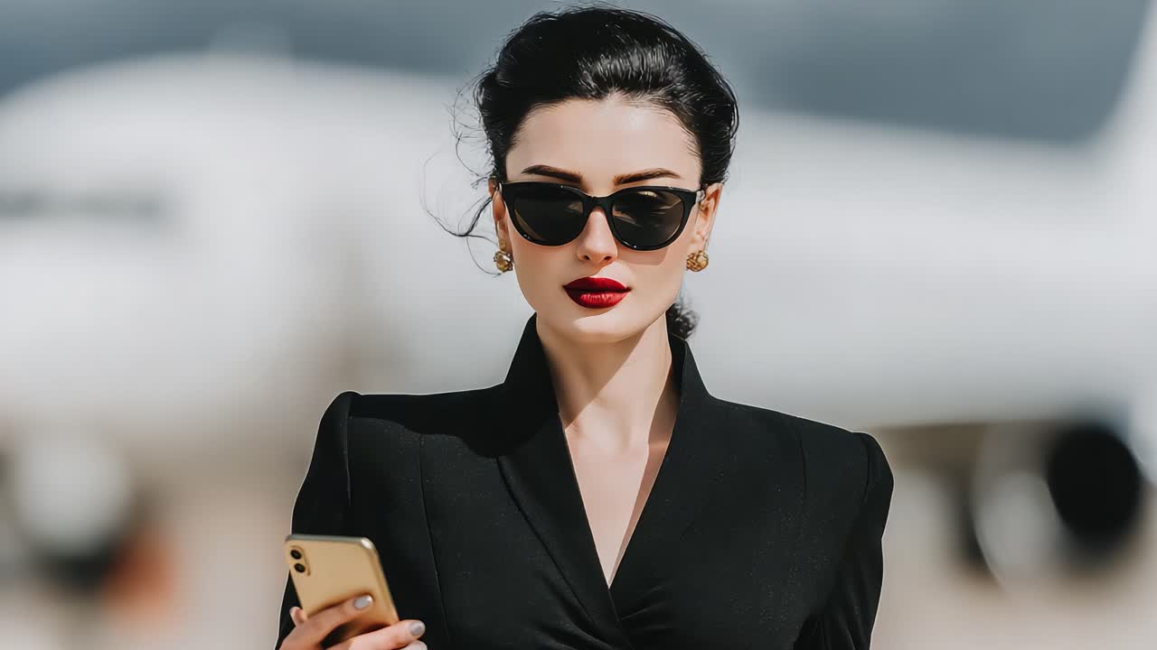 Elegance in Motion: A Sophisticated Woman Holds a Phone While Exuding Confidence at an Airport, Perfectly Dressed in Chic Attire with Stylish Sunglasses