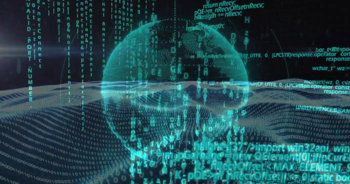 Vertical video: Opening teal globe rotating, data wave bisecting, code cascading for analytics
