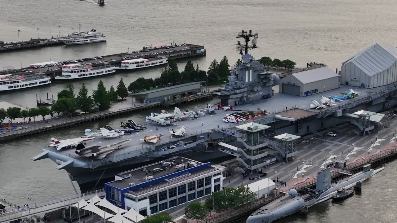 Exploring the aircraft carrier and waterfront in New York from above
