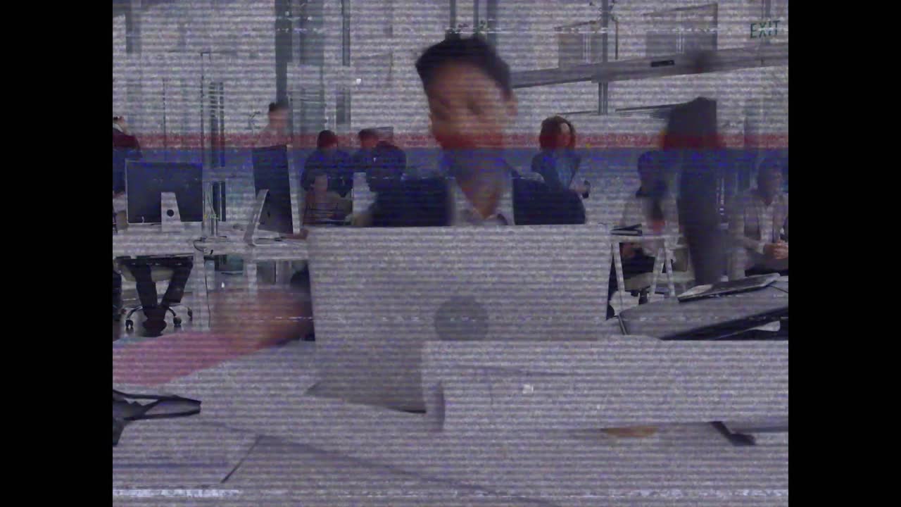 Screen with bands interference showing woman working