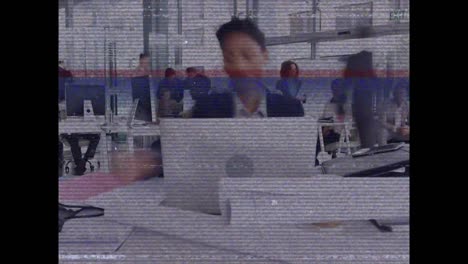 screen with bands interference showing woman working