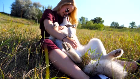 young girl with blonde hair sitting on grass at field and caress her siberian husky. beautiful woman in sunglasses smiling and kissing her pet at meadow. happy dog licking female face. close up