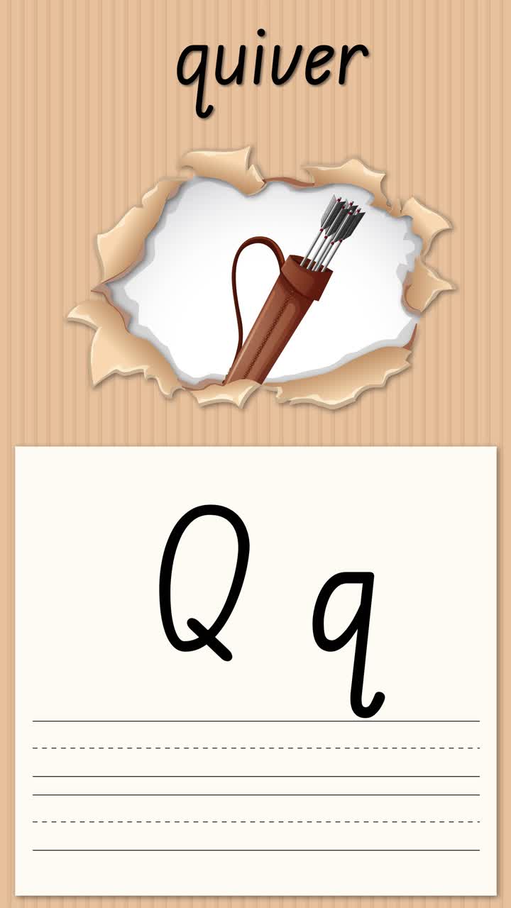 Animated vertical video teaches the letter Q using a quiver illustration and handwriting practice exercises
