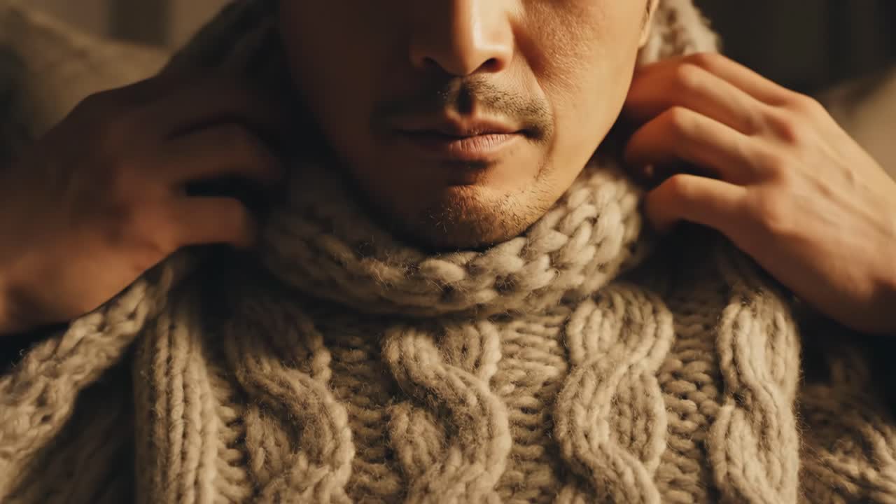 Man Wearing a Cozy Knitted Sweater and Scarf