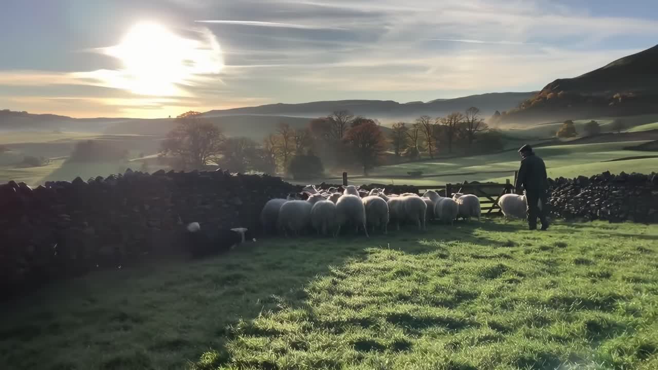 Un video panoramico cattura una ripresa dal basso di un pastore e di un cane che guidano le pecore all'alba