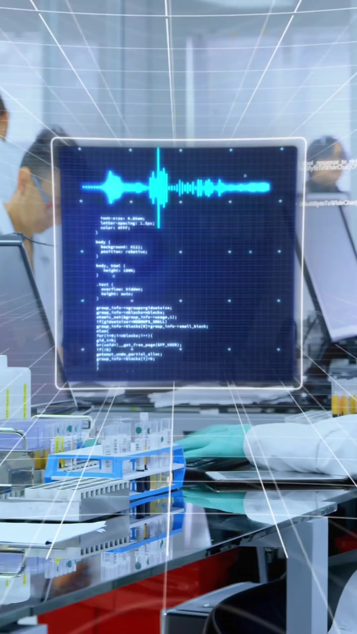 Animation of graphs, radars, map, computer language, diverse scientists working in laboratory