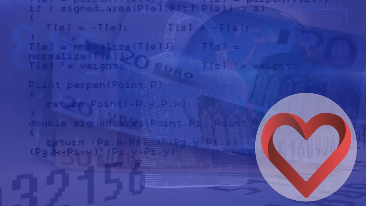 은행권 위에 있는 디지털  ⁇ 락과 심장의 애니메이션