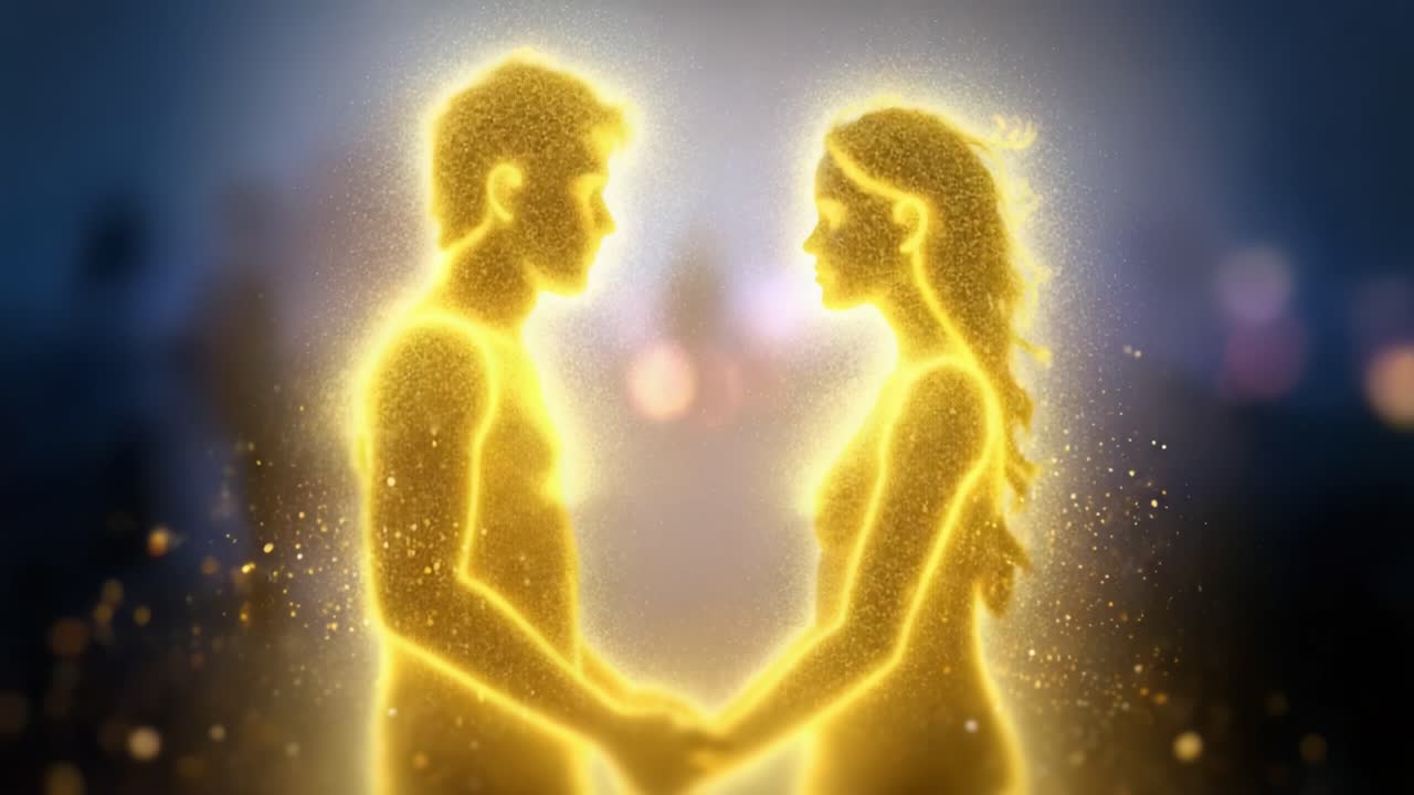 Un momento incantevole: due silhouette si ergono insieme, illuminate da una luce scintillante su uno sfondo da sogno, che ritrae amore e connessione.