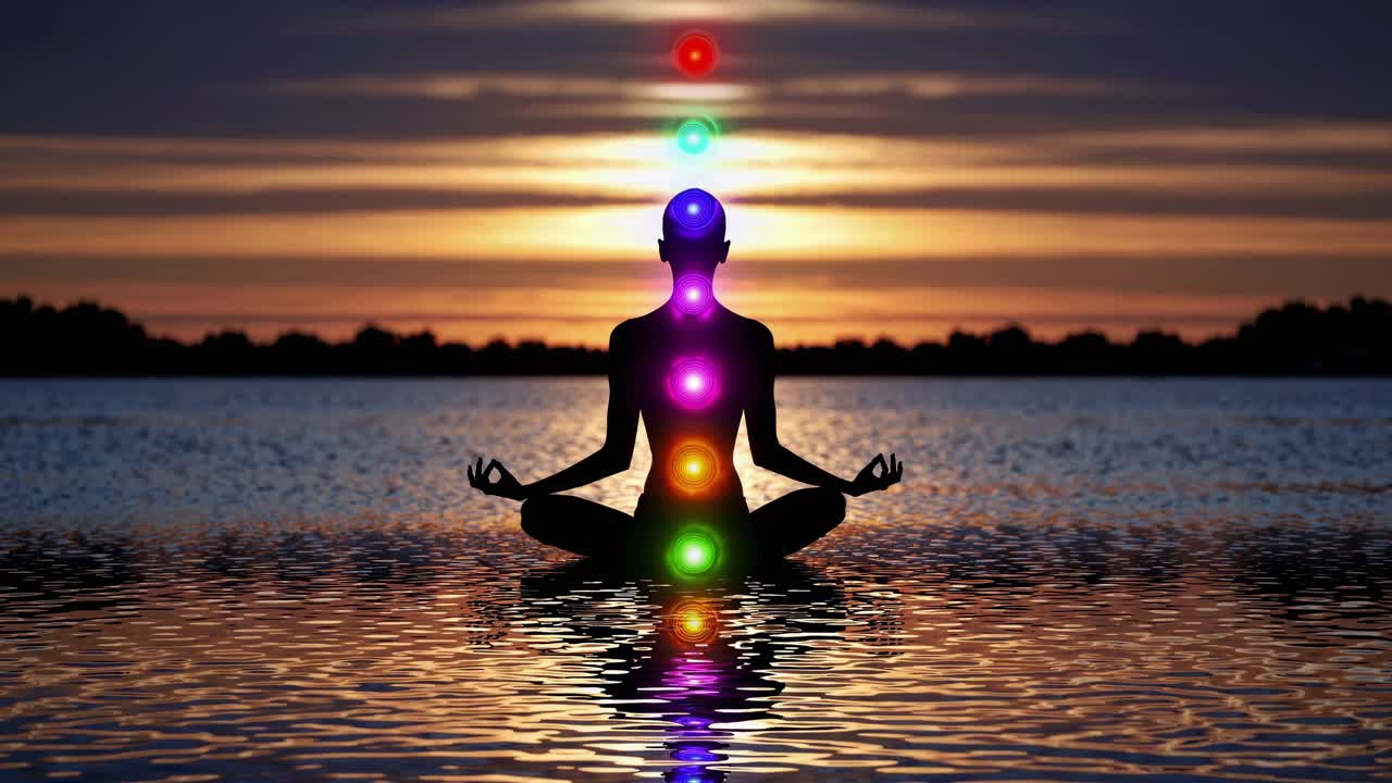 Meditative silhouette performing chakra alignment at tranquil water surface during sunset, visualizing inner peace and spiritual energy flow
