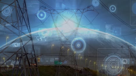 Animation-of-scope-scanning-and-data-processing-on-screens-over-electric-pylons-and-globe