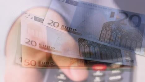 animation of euro banknotes falling over hand of caucasian man holding payment terminal