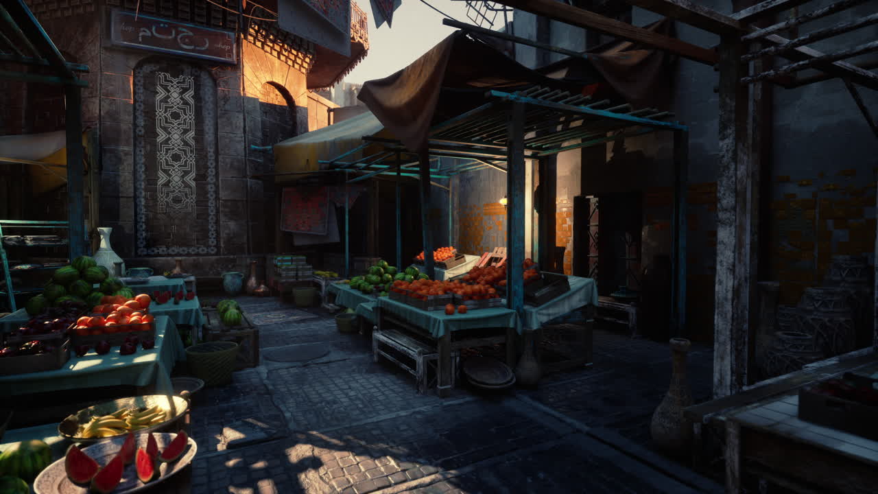 Peaceful oldfashioned market corridor lit by soft golden glow