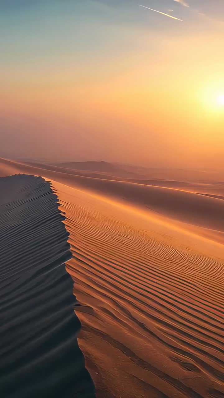 Vertical video: At start camera sliding along desert dune crest showing ripples sun contrail haze