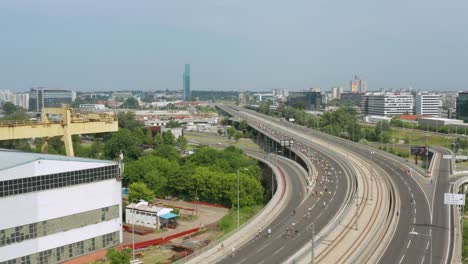 Aerial-shot-high-above-the-Belgrade-Marathon-in-Serbia-on-a-bright-day