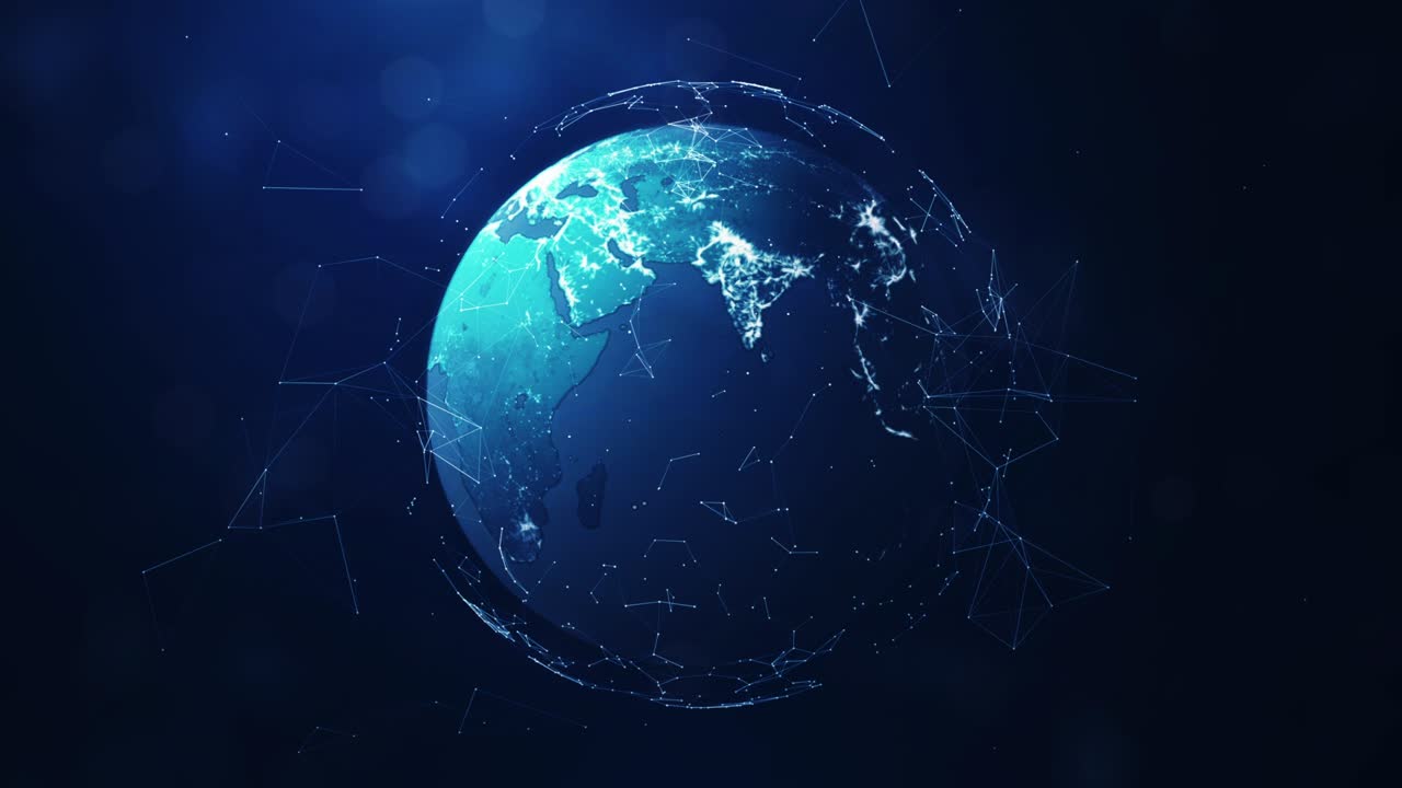 concept of global internet network connection technology. The world stands out in the middle and the slow moving polygon has a dark blue background.