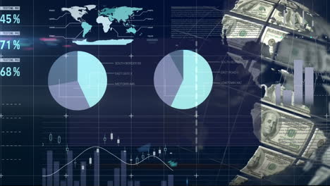 animation of financial data processing over globe with dollar banknotes on blue background