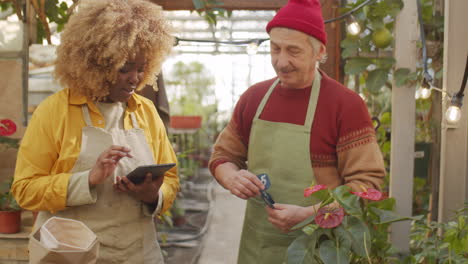 colleagues using tablet and labeling plants in greenhouse