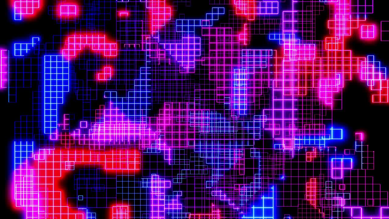 loop vj abstracto sci fi fondo de luz de neón. animación brillo de neón se ejecuta en wareframes en la oscuridad. fondo cibernético abstract sci fi con color de gradiente de brillo de neon. hermoso gráfico de movimiento moderno bg.