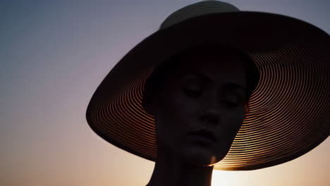 elegant woman in hat silhouette at sunset