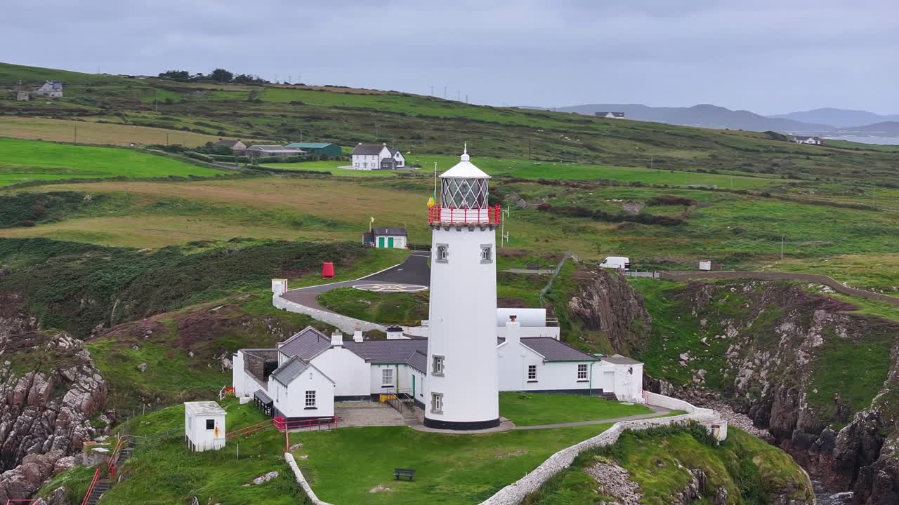 Fanad Head Lighthouse aerial close up. Wild Atlantic Way, Donegal coastal landscape