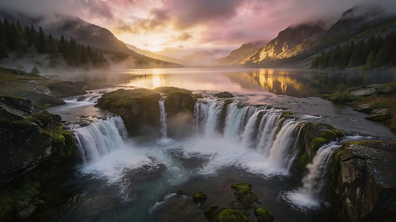 Il sole che sorge illumina una cascata curva che si riversa in una pozza naturale di una valle alpina, con il bagliore del sole che cambia.