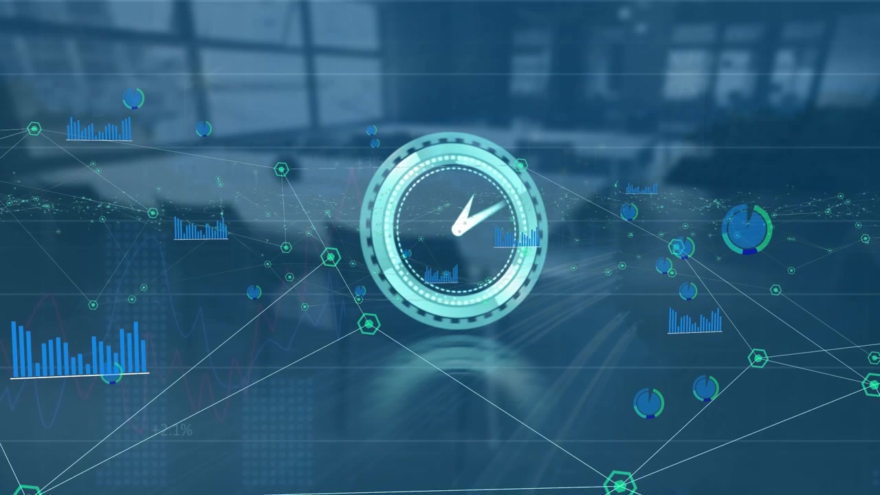 Digital Clock and Data Network Visualization in Modern Office