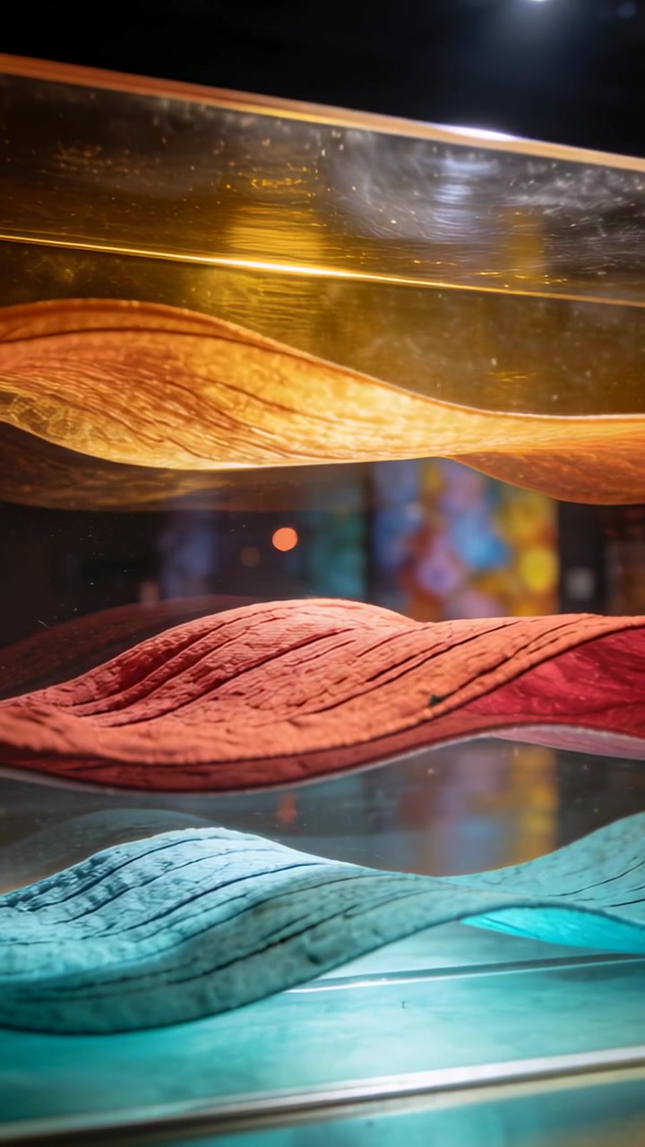 Vertical video: Shifting 3 wavy panels gold red teal rippling in gallery case by lamp for exhibit