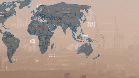 animación del mapa del mundo y procesamiento de datos financieros sobre el paisaje urbano