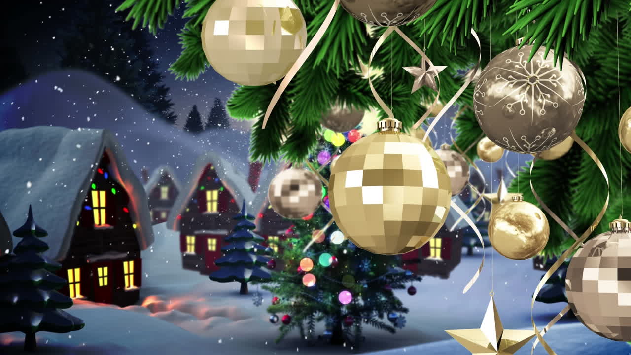 겨울 풍경 위에 내리는 눈에 맞서 크리스마스 트리에 매달린 소품 장식