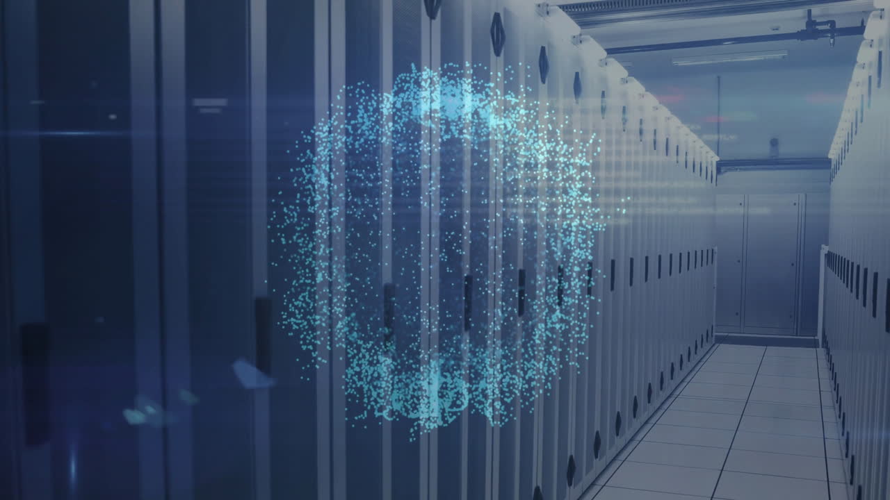 Animation of ai data processing and globe over computer servers