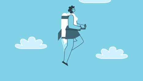 flying woman with jet pack with smartphone. flat design cartoon character isolated loop 2d animation with alpha channel