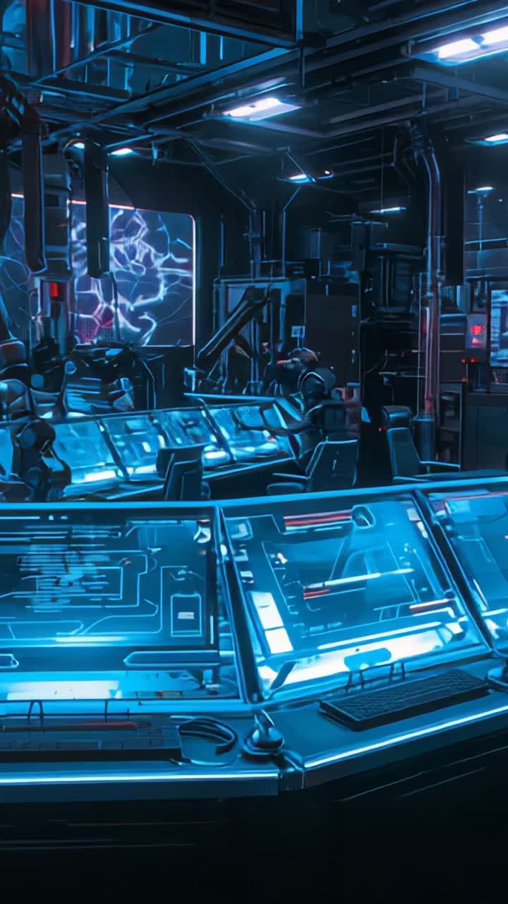 Vertical video: Holographic console pulsing with electric arcs in control center, processing data