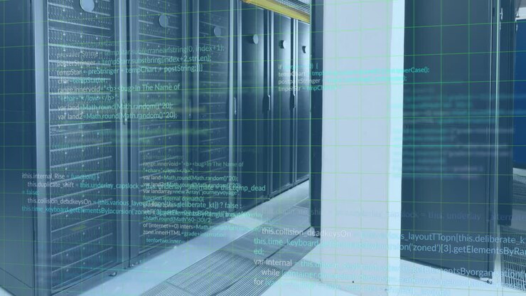 Animation of computer language over data server racks in server room