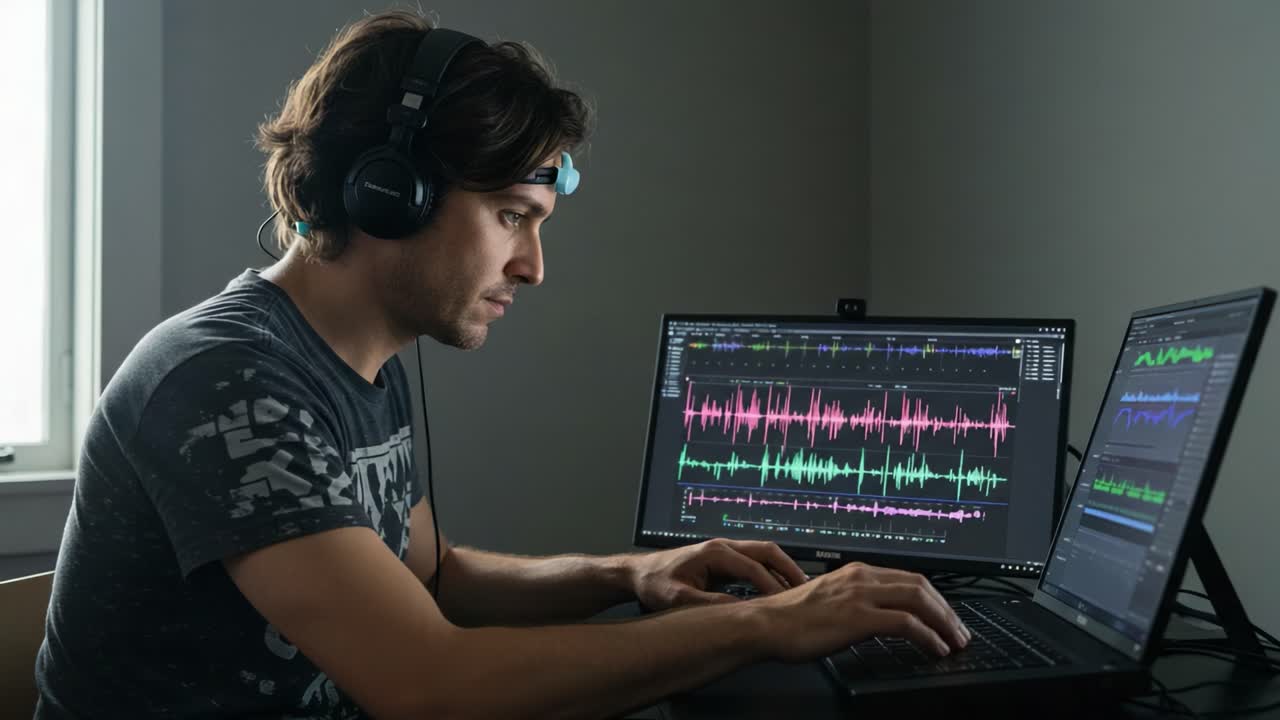 Focused Audio Engineer Analyzing Waveforms on Dual Monitors While Wearing Headphones in a Modern Workspace