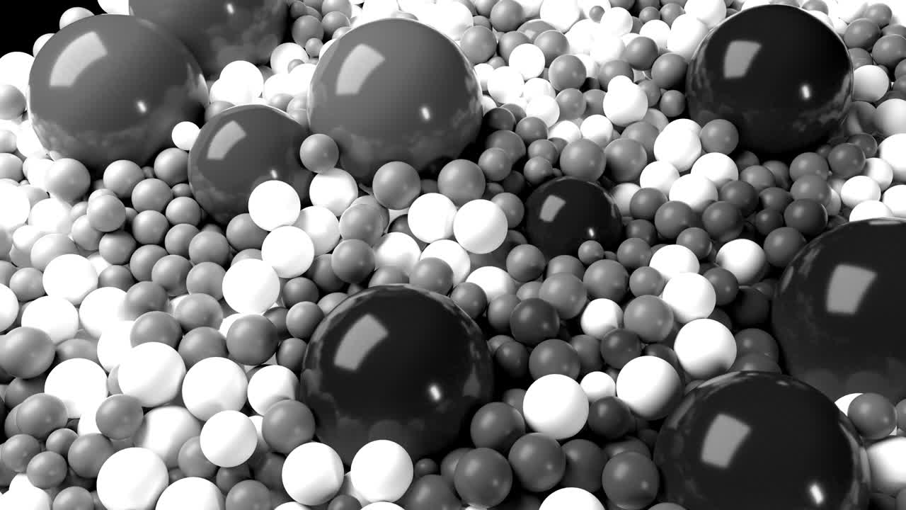 4к 3D looped animation with beautiful black and white small and large spheres or balls as an abstract geometric background. Beautiful composition with a plane is covered black and white balls