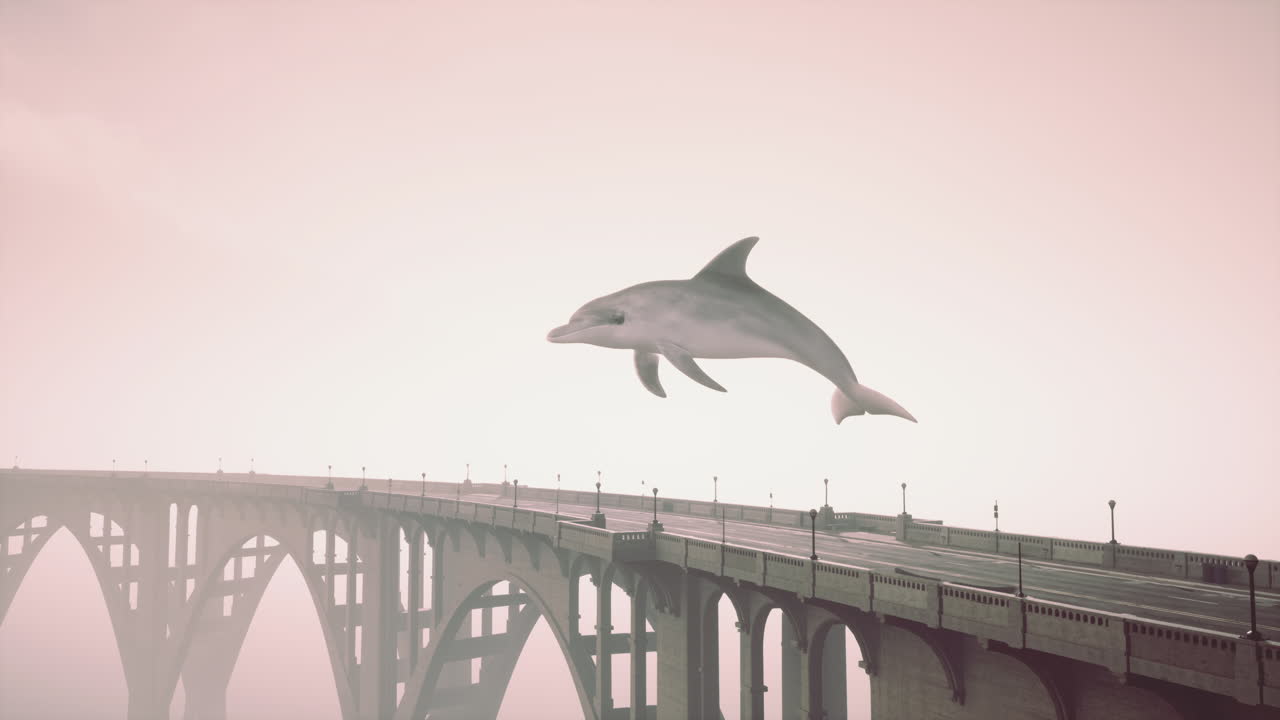 Surreal Dolphin Leaping Over a Bridge in Fog