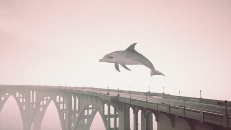 surreal dolphin leaping over a bridge in fog