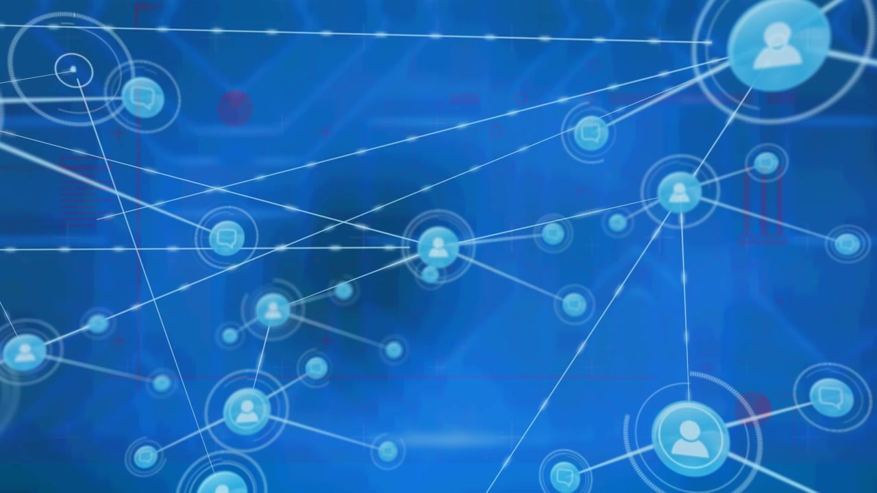 Digital animation of network of profile icons against blue background