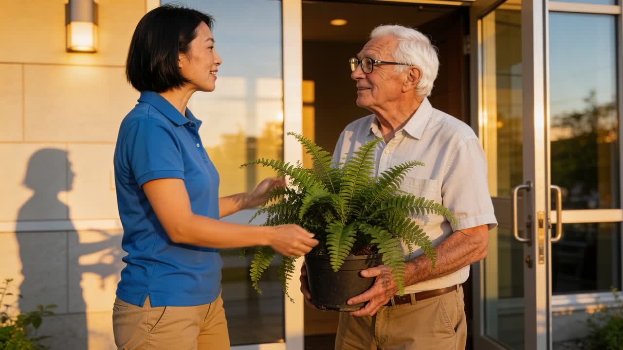 Woman in blue polo offering potted fern to senior man at entrance, caregiving handoff unfolding