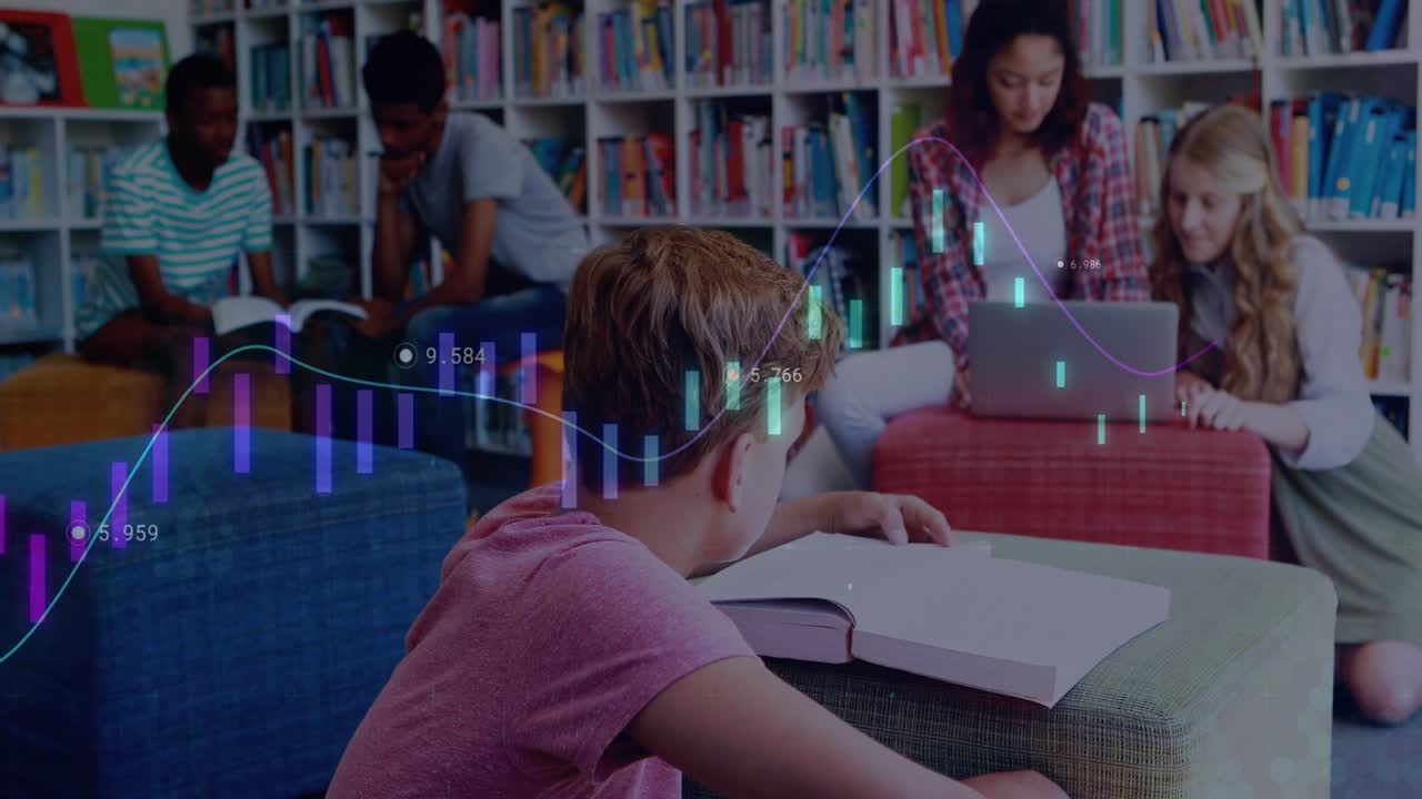 Vertical video: Flipping textbook pink tee boy studying in school library while chart moving
