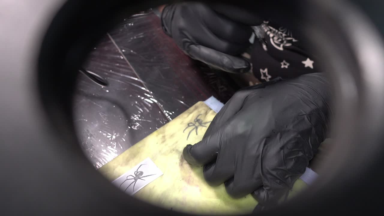 A tattoo artist rehearsing the tattoo of a spider on synthetic skin