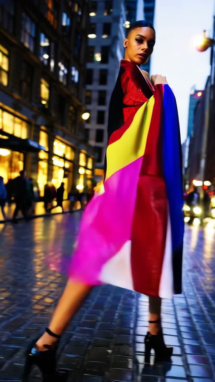 Gece Şehirde Renkli Moda Pelerin