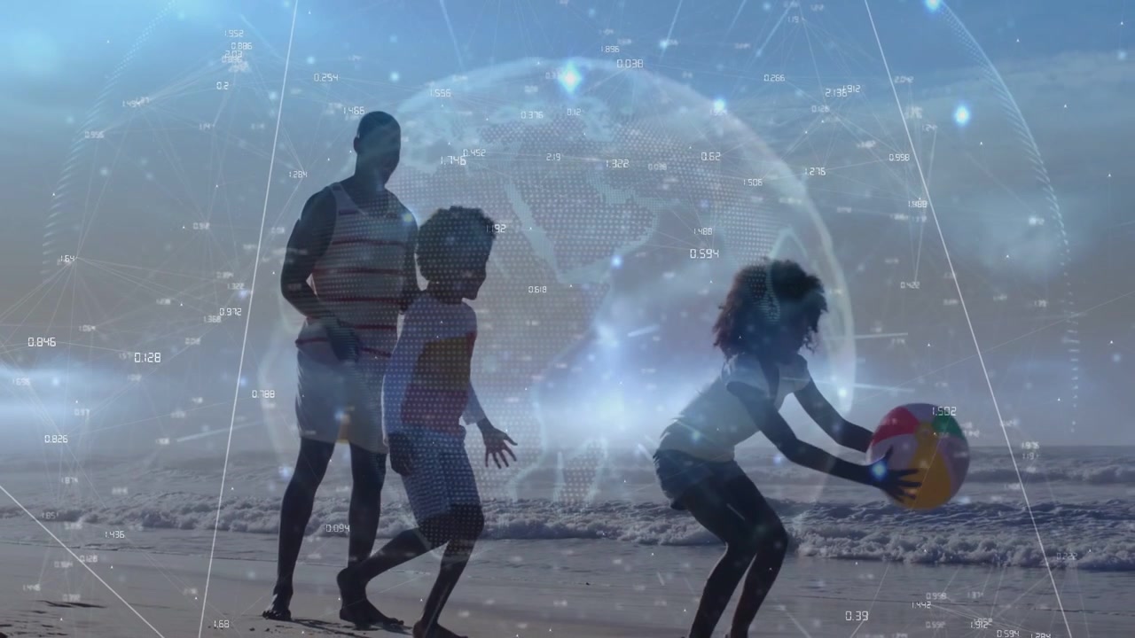 Parent watching, children tossing multicolored beach ball for play, tech globe overlay sweeping