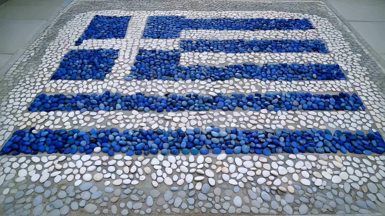 Starting camera sliding closer to pebble mosaic on tiles, revealing blue square with white cross