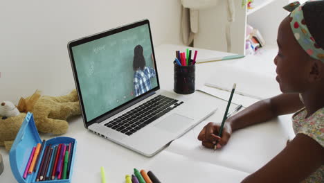 african american girl having a video call on laptop while doing homework at home