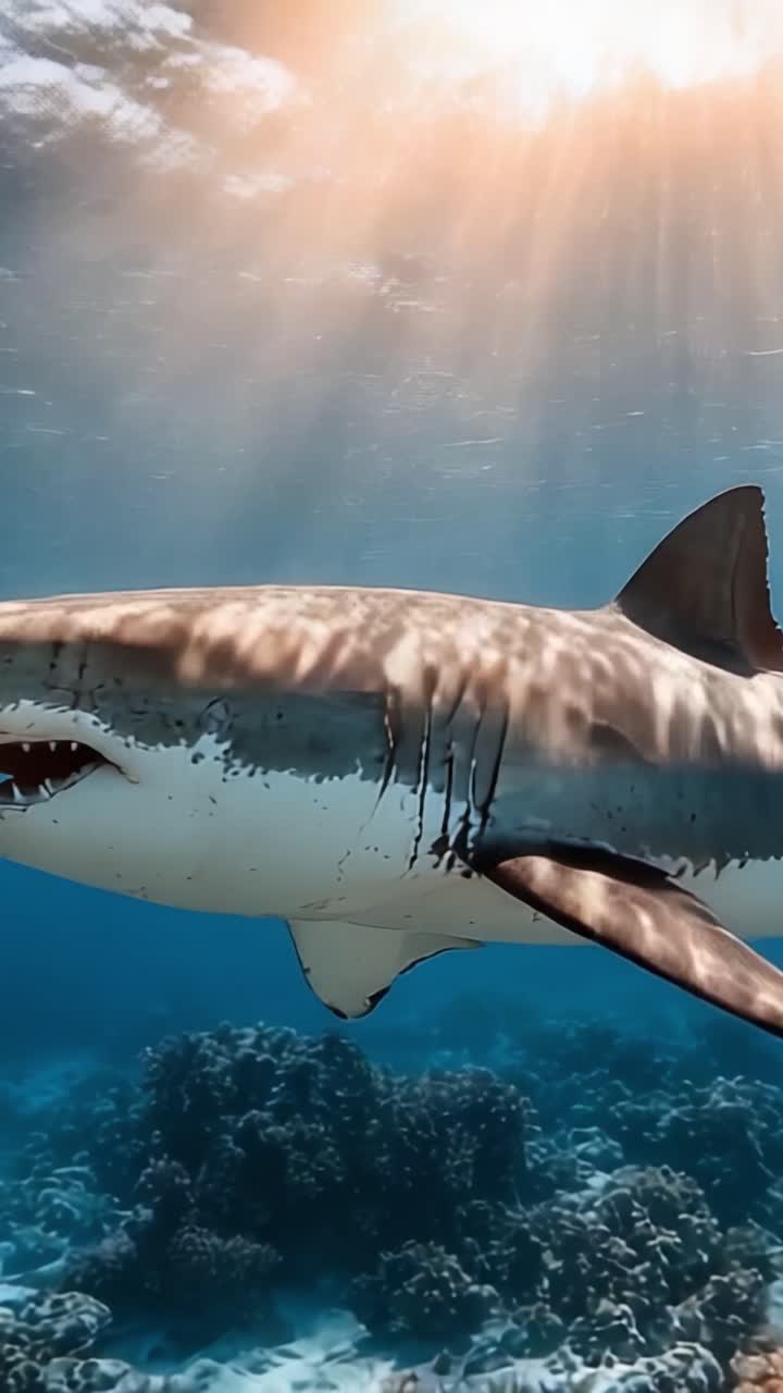 Majestic Great White Shark Gliding Through Clear Ocean Waters Underneath Sunlit Surface, Captivating Marine Life Exploration Experience