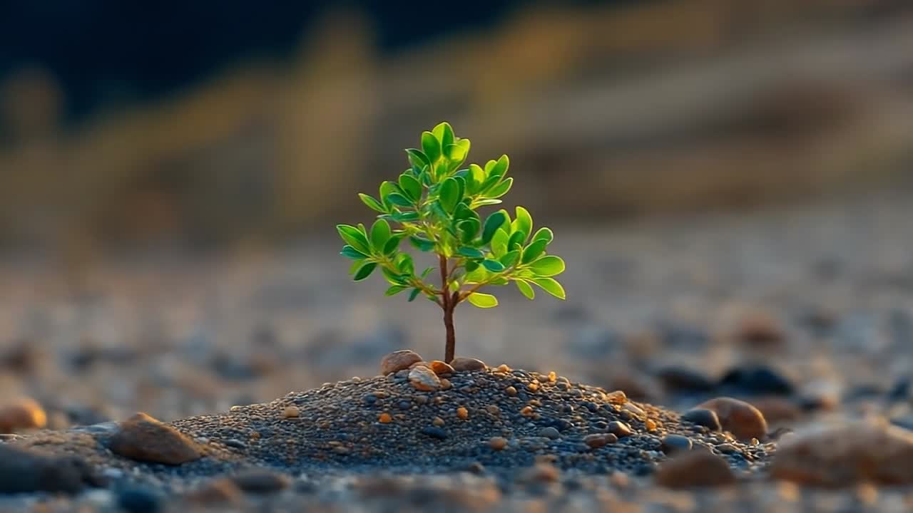Small green tree thrives on rocky soil. A resilient green tree grows from barren ground, surrounded by small rocks and set against a blurred natural background.