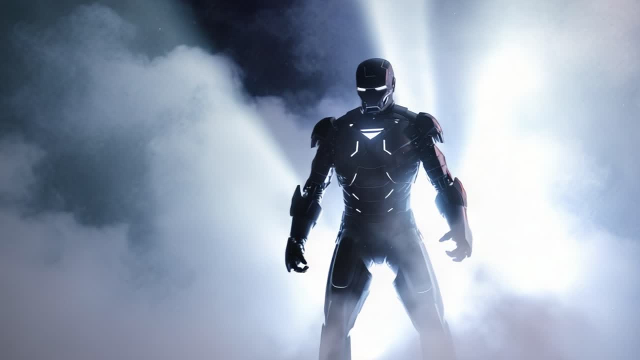 Powerful robotic superhero in a futuristic suit of armor standing strong amidst billowing smoke and intense backlighting, creating a dramatic and heroic silhouette against the darkness