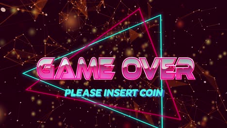 Animation-of-game-over-text-banner-over-geometric-shapes,-plexus-networks-and-light-spots