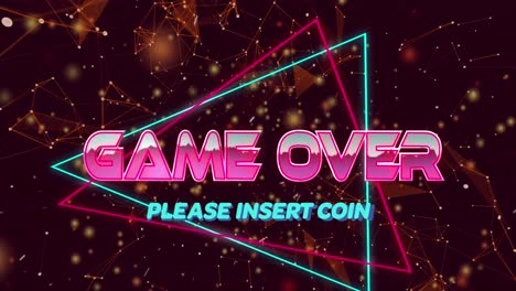 animación del juego sobre banner de texto sobre formas geométricas, redes de plexo y puntos de luz